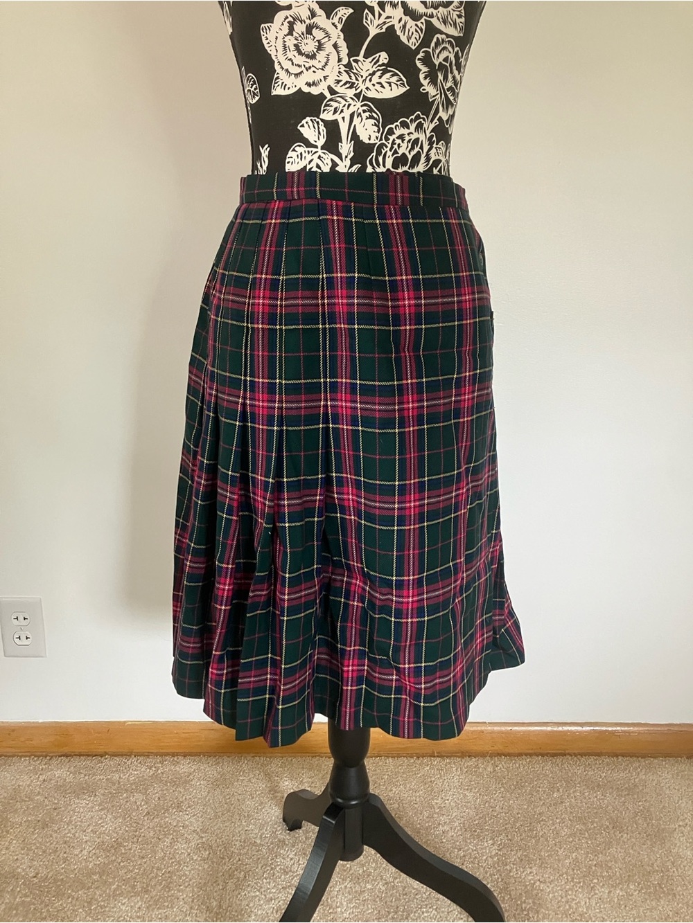 Plaid A-Line Pendleton Skirt in Dark Green and Pink